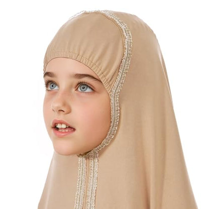 Lenmipot Kids Jilbab 2pcs Abaya Girls Muslim Prayer Dress Kids Eid Full Cover Abaya Dress Set Islamic Prayer Jilbab for Girl - color: Khakia, size: 7-8 Years