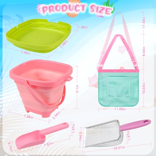 FHOZGECY Beachcombing Treasure Kit with 2 Sifters for Family Beach Vacation | Collapsible Bucket, Stainless Mesh Shovel, Shark Tooth Sifter, Scoop and Mesh Bag for Shelling, Outdoor Play for Kids 3-12