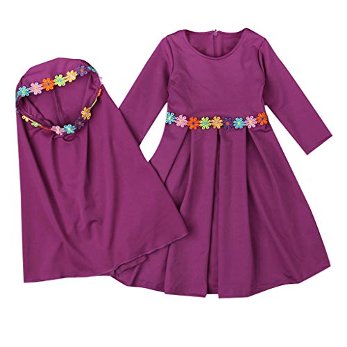 Baby Hijab Set Kids Muslim Prayer Kaftan Dress Clothes for Girls Long Sleeve Ramadan Abaya Dress Maxi Islamic Set - color: Hot Pink, size: 12-18 Months