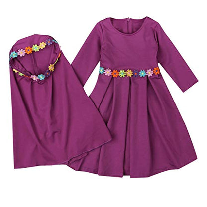 Baby Hijab Set Kids Muslim Prayer Kaftan Dress Clothes for Girls Long Sleeve Ramadan Abaya Dress Maxi Islamic Set - color: Hot Pink, size: 2-3T