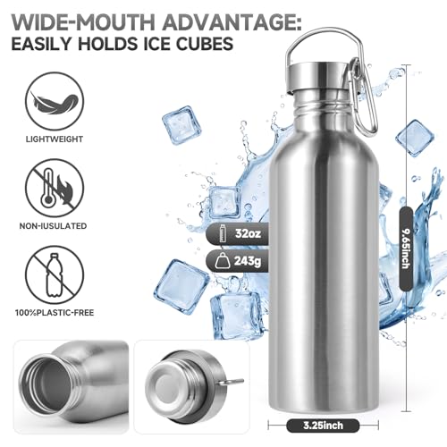 Volhoply 32oz Uninsulated Single Walled Water Bottle, Stainless Steel Sports Water Bottles with Handle, BPA Free Lightweight Water Bottles for Hiking, Biking, Running（Silver,1） - color: silver