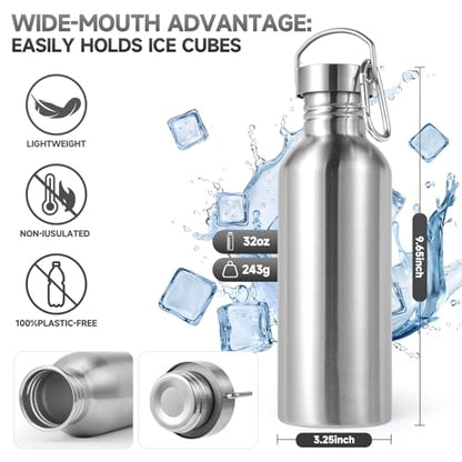 Volhoply 32oz Uninsulated Single Walled Water Bottle, Stainless Steel Sports Water Bottles with Handle, BPA Free Lightweight Water Bottles for Hiking, Biking, Running（Silver,1） - color: silver