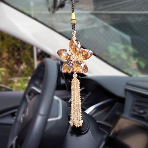 AuMoHall Crystal Flower Rear View Mirror Pendant Car Hanging Ornament Lucky Charm with Dangle Beads, Champagne - color: Champagne-with Dangle Beads
