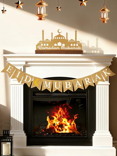 Enlarged 15.7in Metal Ramadan Table Sign - Eid Mubarak Tabletop Decorations, Muslim Golden Palace Dinner Ornaments for Islamic Gifts Parties Home Kitchen, Hollow Letters - style: Hollow Letters