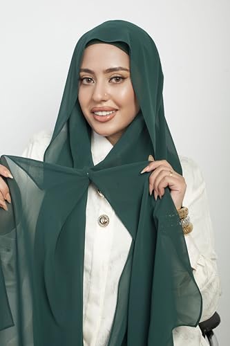 Instant Chiffon Hijab 3-in-1 with Built-in Magnets and Attached Match Undercap, Women Hijabs Set. - color: Emerald