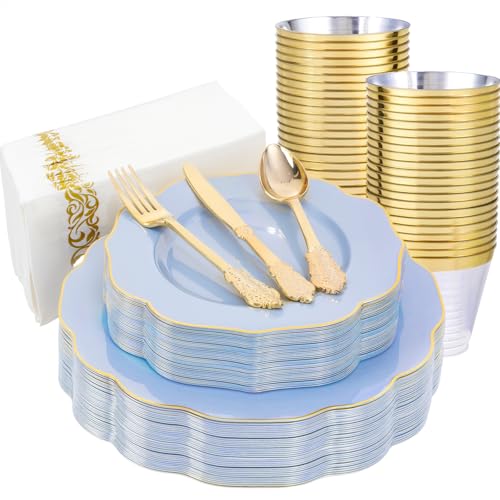 NOCCUR 175PCS Blue Plastic Plates with Gold Disposable Silverware - Include 50 Light Blue and Gold Plastic Plates,25 Knives,25 Forks,25 Spoons,25 Cups and 25 Napkins - Baby Shower/Party/Spring/Wedding - color: Blue, size: 175 Pieces (25 Guests)