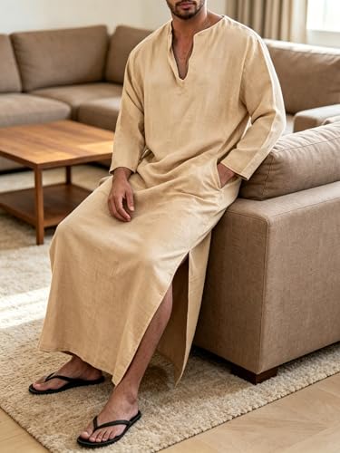 Jacansi Men's 65% Cotton 35% Linen Kaftan Thobe, Long Sleeve Casual Arabic Robe, Loose Long Gown with Pockets - color: Khaki #1, size: Medium