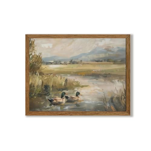 Urmoya Mallard Ducks Rustic Lake House Framed Canvas Wall Art, 8x10 Inch - color: Mallard, size: 10"L x 8"W
