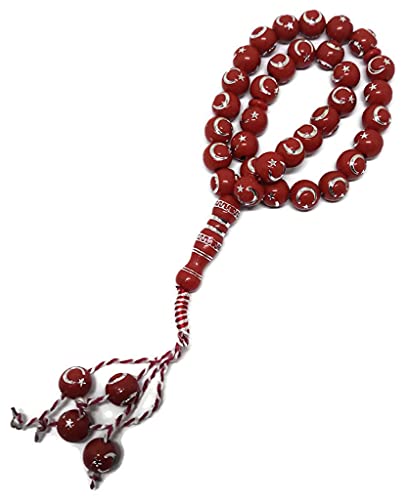 Muslim Bead Tasbih 33 Rosary AMN-277 Islam Prayer dhikr Misbaha with Moon Star Engraved on Islamic Religion Eid Ramadan Gift (Red) - color: Red