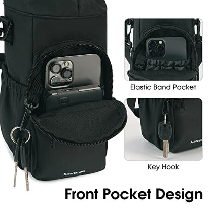 sportsnew 40oz Insulated Crossbody Water Bottle Bag Gym Hiking Phone Pocket | Water-resistant Lining, Padded Strap, Top Handle, Drawstring, Phone Pocket, Elastic Slots, Built-In Key Clip for Gym Walking - color: Black