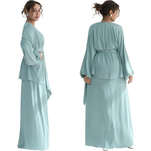 2PCS Muslim Abaya Dress for Women Smooth Satin Prayer Cardigan with Belt - color: Light Green, size: X-Small-Small