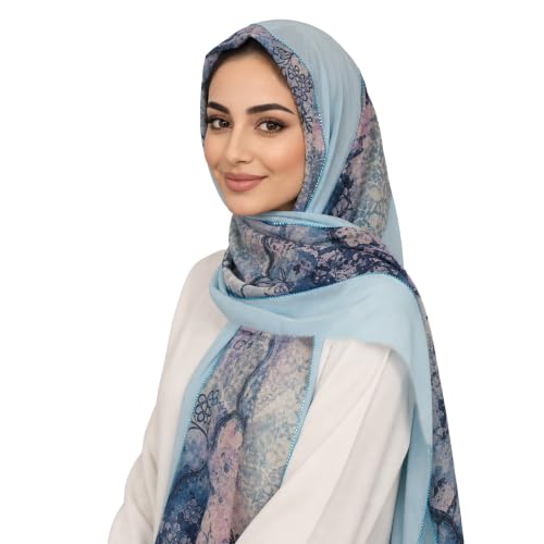 Chiffon Rhinestone Muslim Headscarf - color: Blue Floral Pattern 