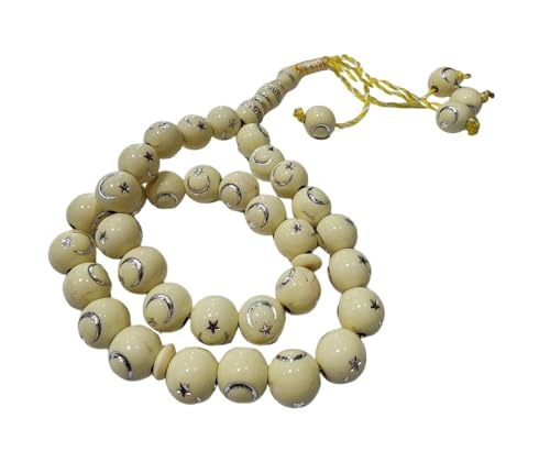 Muslim Bead Tasbih 33 Rosary AMN-277 Islam Prayer dhikr Misbaha with Moon Star Engraved on Islamic Religion Eid Ramadan Gift (Yellow) - color: Yellow