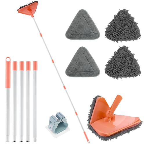 RONSUNG Wall Cleaner Mop, 82-Inch Handle, Baseboard Cleaner Tool, 4 Pads | Wall scrubber with long handle, triangle head, squeegee, and 4 pads for walls, ceilings, windows, baseboards, and floors - color: Orange, size: 4 Pads