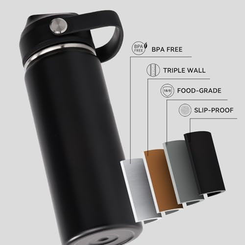 Fijinhom 18oz Insulated Stainless Steel Water Bottle, Wide Mouth Double Wall Vacuum, Silicone Straw, Sweat & Leak Proof, BPA Free Insulated Water Flask for Travel, Keep Cold 24h Hot 12h, Black - color: Black, size: 18 Ounces