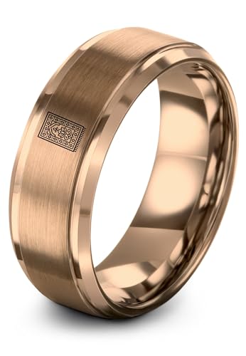 Gift for Muslim Devotee - Prayer Rug Pattern Ring - Black Yellow Rose Gold - Band - Anniversary Wedding - Personalized Custom Engraving - Flat Dome Bevel - 8mm - Men Women - Tungsten Carbide - color: 09 - Rose Gold Tungsten