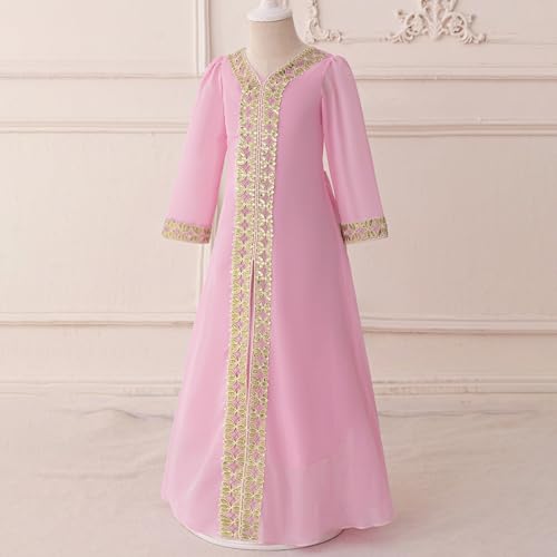 Toddler Girls Muslim Abaya Dress Islamic Dubai Modest Lace Belted Dress Abayas Kaftan Eid Prayer Clothes Arabian Maxi Robe - color: Pink-c, size: 4-5T