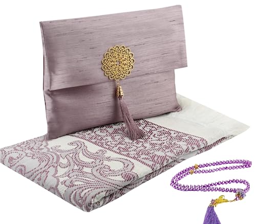 Prien Muslim Prayer Rug with Tasbih and Portable Bag, Muslim Gift for Women Men, Mubarak Islamic Box, Soft Mat Islam Gifts Set, Turkish Sajadah for Ramadan, Eid, Hajj, Travel, Pray (Lilac) - color: Lilac