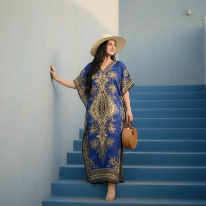 Women's Kaftan Dress – Loose Fit Maxi Gown – Kimono Style Beach Cover Up – Elegant Resort Wear and Nightwear - color: Blue