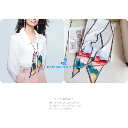 Silk Feeling Head Scarf Fashion Satin Hair Scarf Square Long Scarves for Women Gifts - color: 02 Sun Declined Westward /5.12 X 59 Inch
