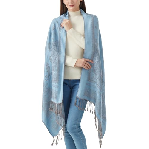 Reversible Paisley Pashmina Rave Scarf Shawl-Soft Silky Pashmina Wraps for Women Evening Dresses - color: E#. Style 5-light Blue
