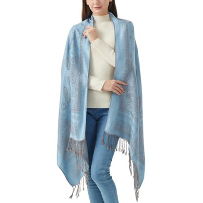 Reversible Paisley Pashmina Rave Scarf Shawl-Soft Silky Pashmina Wraps for Women Evening Dresses - color: E#. Style 5-light Blue