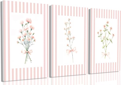 Trendy Pink Floral Wall Art Set of 3, Preppy Canvas Prints with Bow and Stripe Border Cute Aesthetic Botanical Wall Decor Artwork for Bedroom Bathroom Home Decor Girl Dorm Room,12x16 in Framed - color: pink flowers, size: 16"L x 12"W