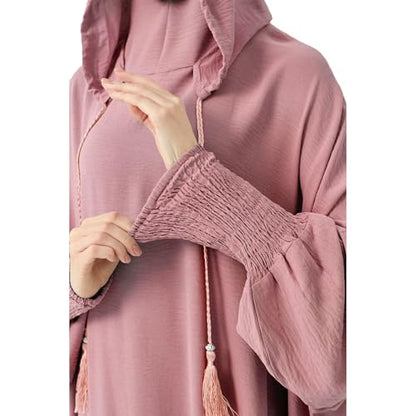 Abaya Muslim Dress Women Prayer Dress Long Sleeve Hooded Loose Maxi Dress Arabian Dubai Islamic Clothes - color: Pink