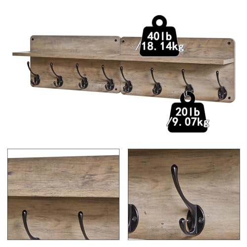 31.5" Coat Rack Wall Mount with Shelf and 8 Hooks, Silver Gray, HWS006Y-2 | 2 Pack Coat Hooks Key Holder Wall Mount, Wood Wall Mounted Coat Rack with Wall Hooks for Hanging, Towel Hooks for Bathroom - color: Silver Gray