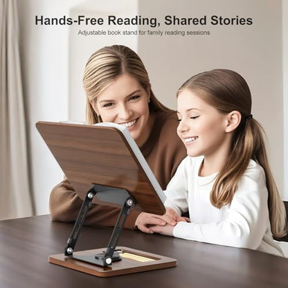 OPTIXCELL Book Stand for Reading, 360° Rotating Hands Free Book Holder, Adjustable Height and Angle, Page Clip for Cookbook, Recipe, Magazine, Laptop,Tablet, Foldable for Kitchen, Office, School - style: Book Stand