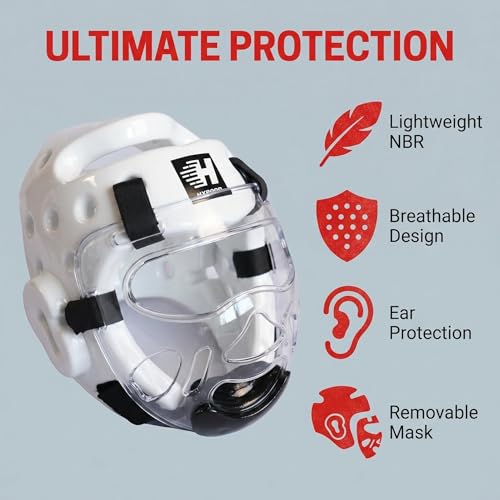 Taekwondo Headgear Karate Headgear with Removable mask for Sparring Partner Muay Thai Taekwondo Karate MMA Training Youth Adults - color: white, size: Small
