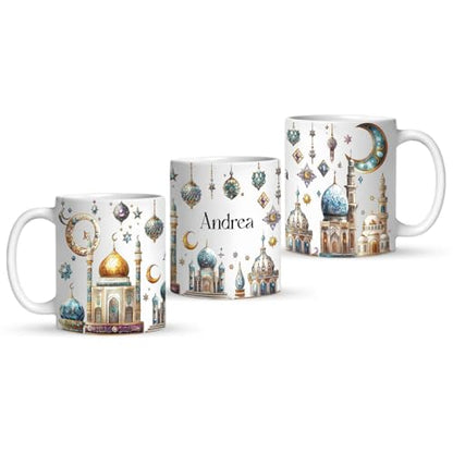 Customized Name Ramadan Coffee Cup, Custom Sparkling Islamic Mosque Mug, Personalized Religious Holiday Full Wrap Cup, Muslim Festivals White Ceramic Mug 11oz 15oz, Gift For Women Men - color: XUA-1124-3654-Islamic Mosque Mug