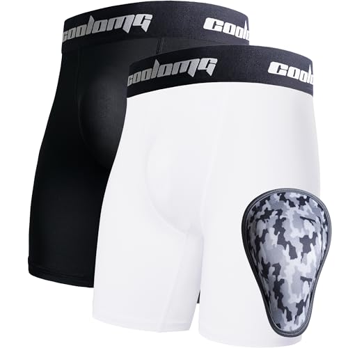 COOLOMG 2-Pack Boys Baseball Underwear with 1 Soft Protective Athletic Cup, Youth Compression Shorts for Football MMA - color: Black White, size: X-Large