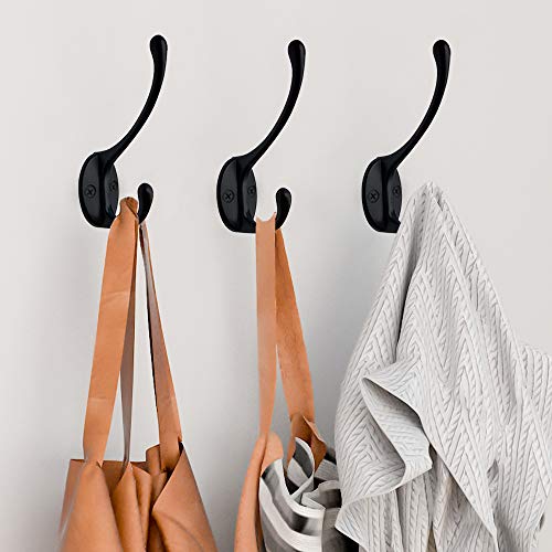 IBosins 10 Pack Black Double Coat Hooks No Rust Hooks for Coat, Scarf, Bag | Dual Coat Hooks Wall Mounted with 40 Screws Retro Hooks Utility for Towel, Key, Cap, Cup, Hat - color: Black