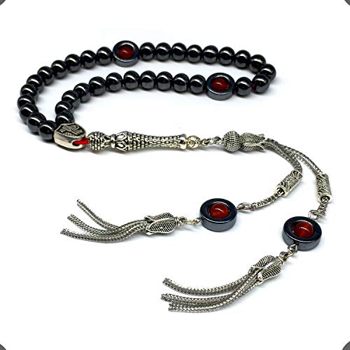 Design - Long & Stylist Tassels Worry Beads-Prayer Beads-Tesbih-Tasbih-Tasbeeh-Misbaha-Subha-Sebha-Sibha-Rosary (Hematite & Red Agate -8 mm-33 Beads & Bracelet) - color: Hematite & Red Agate -8 mm-33 Beads & Bracelet