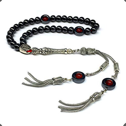 Design - Long & Stylist Tassels Worry Beads-Prayer Beads-Tesbih-Tasbih-Tasbeeh-Misbaha-Subha-Sebha-Sibha-Rosary (Hematite & Red Agate -8 mm-33 Beads & Bracelet) - color: Hematite & Red Agate -8 mm-33 Beads & Bracelet