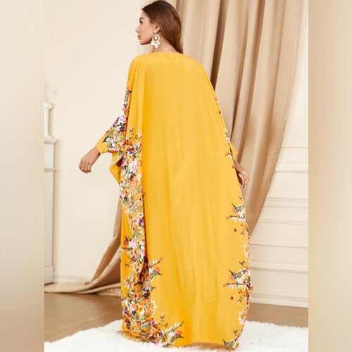IDOPIP Abayas for Women Muslim Ramadan Dress Long Sleeve Floral Maxi Moroccan Kaftan Dress Loose Islamic Dubai Pakistani Robe - color: Yellow