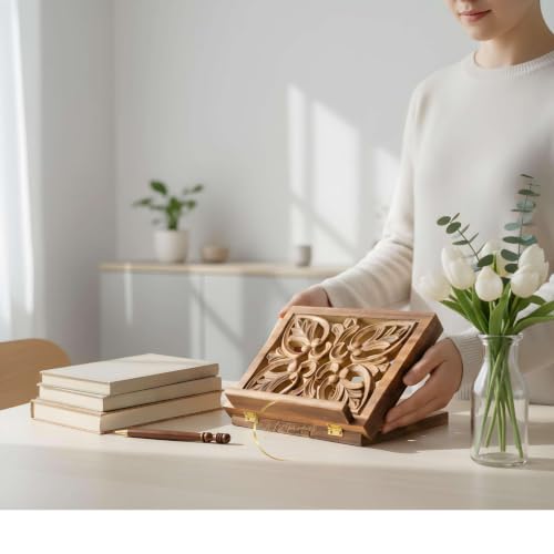 Handcrafted Mango Wood Book Stand with Free Wooden Pen, Adjustable Foldable Reading Holder, Decorative Book Rest for Bible, Quran, Cookbook, Tablet & Study Desk, Dark Brown, 10 x 8 x 1.5 Inch - color: Design 4