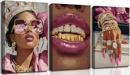 3 Pcs Pink Black Girl Canvas Wall Art Luxury African American Wall Decor Pictures Modern Fashion Woman Room Poster Prints for Home Bedroom Living Bathroom Decorations - color: Girl, size: 16L"x12W"Canvas