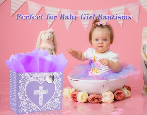 JWSCYSY 12.6" Large Purple Gift Bag with Metallic Silver Floral Cross Design, Card and Tissue Paper for Baby Girl Baptisms, Christenings, First Communions Religious - color: Purple 12.6"