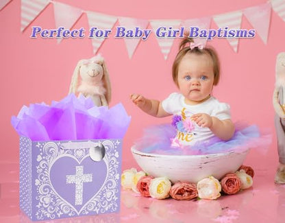 JWSCYSY 12.6" Large Purple Gift Bag with Metallic Silver Floral Cross Design, Card and Tissue Paper for Baby Girl Baptisms, Christenings, First Communions Religious - color: Purple 12.6"