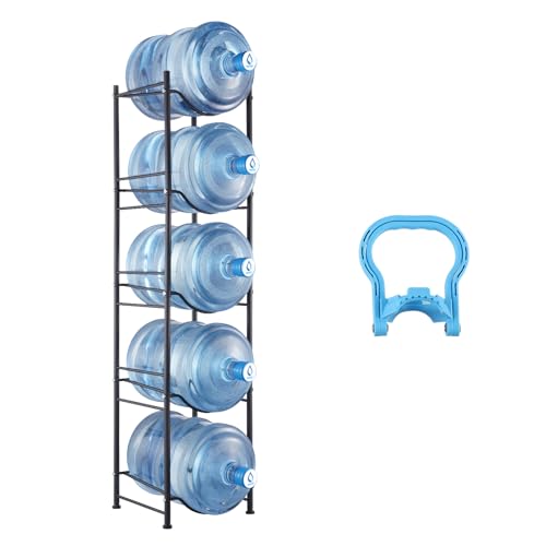 VEVOR 5 Tiers Water Jug Holder, 5 Gallon Water Bottle Holder, Single Row Water Bottle Rack for 5 Bottles, Heavy Duty Water Jug Rack for Kitchen, Office, Living Room, Black - color: Black, style: 5-slot