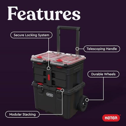 Keter Stack N Rolling Tool Box Modular Storage System 4 Piece | Black and Red, Heavy Duty, Weatherproof, All Terrain Wheels, Durable, Easy to Use, Telescoping Handle - color: Black/Red, size: 4PC System