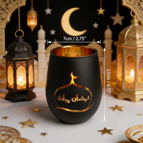 Ramadan Mubarak Decorations, Matte Black & Gold Glass Tealight Holders, Eid Mubarak Table Decor with Mosque Silhouettes, Luxury Islamic Home Decor & Gift for Ramadan Kareem