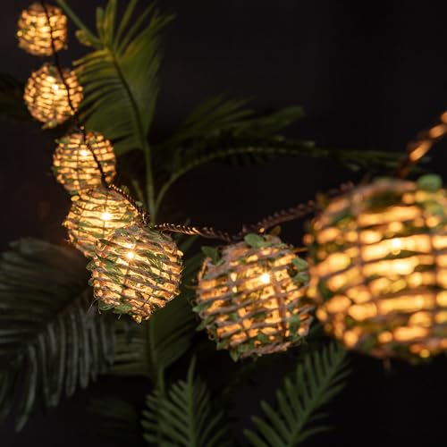 Decorative Lantern String Lights, Outdoor Plug in Hanging Lights with 10 Natural Hemp Rope Leaf Balls, Connectable Weatherproof Patio Globe Boho String Lights for Home Pergola Porch Party Backyard - style: Hemp Rope with Green Leaf Balls