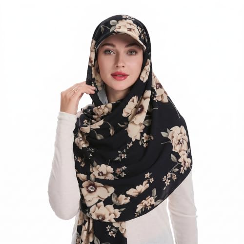 ZLYC Women Muslim Hijab Scarf with Visor Built-in Undercap Sun Protection Headwrap - color: Flowers Black