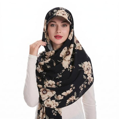 ZLYC Women Muslim Hijab Scarf with Visor Built-in Undercap Sun Protection Headwrap - color: Flowers Black