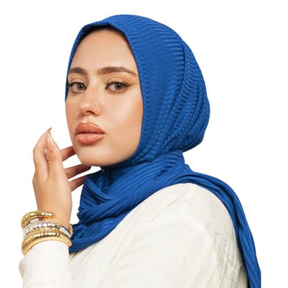 Instant Hijab For Women | Head Wrap100% Cotton Rib Headscarf | Easy to Wear Hijabs with Metal Pin - color: Blue