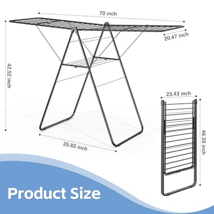 KINGBOARD Clothes Drying Rack Foldable, Drying Rack Clothing with Height-Adjustable, Metal Laundry Rack, Indoor Outdoor Use, No Assembly, 20.47"x 70"x 42.52", Black - color: Black