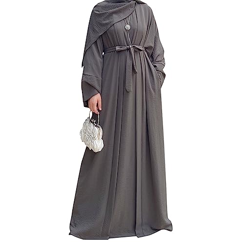 2PCS Women's Muslim Dresses Abaya Islamic Dubai Prayer Dress Robe Long Cardigan Maxi Dress - color: Grey, size: Medium